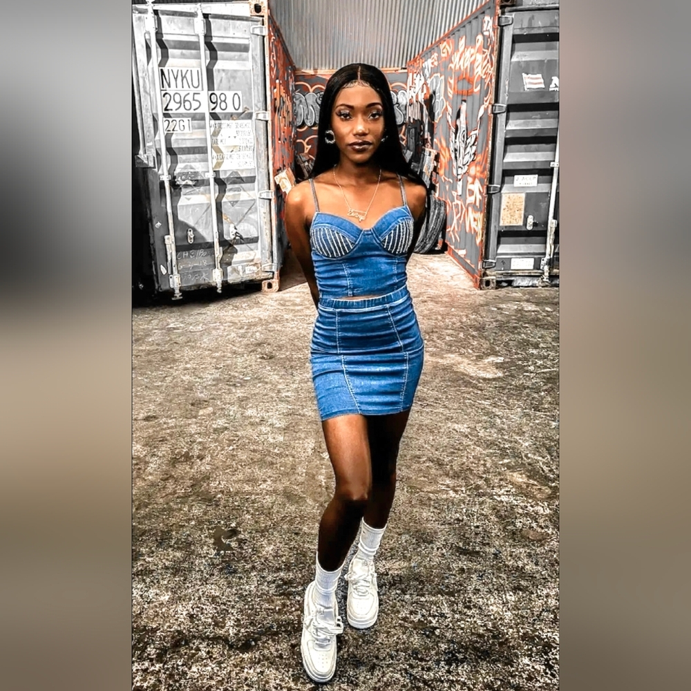 Haute Monde Denim Rhinestone Crop Top & Skirt - Picture 15 of 15